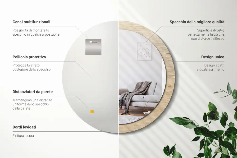 Spiegel mit bedrucktem Rahmen rund Helles Holz