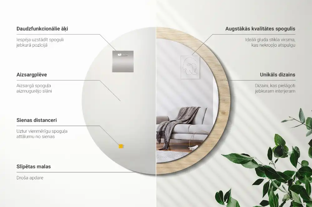 Spiegel mit bedrucktem Rahmen rund Helles Holz