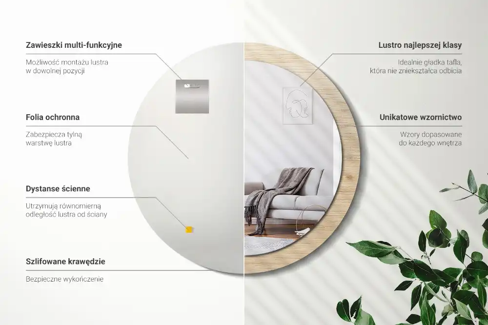 Spiegel mit bedrucktem Rahmen rund Helles Holz