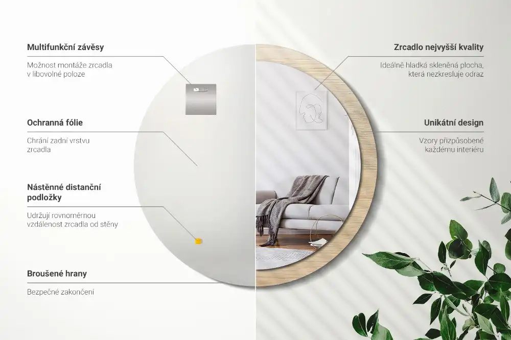 Spiegel mit bedrucktem Rahmen rund Helles Holz