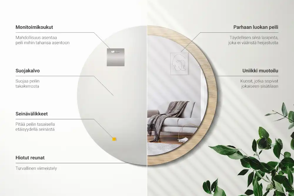 Spiegel mit bedrucktem Rahmen rund Helles Holz