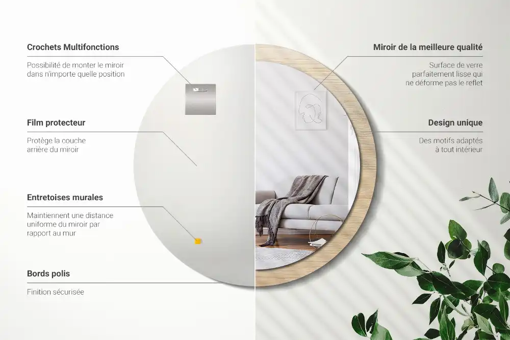 Spiegel mit bedrucktem Rahmen rund Helles Holz