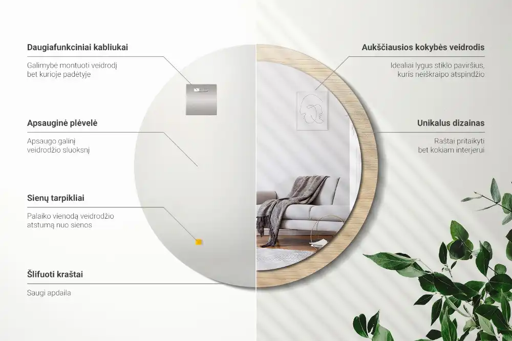 Spiegel mit bedrucktem Rahmen rund Helles Holz