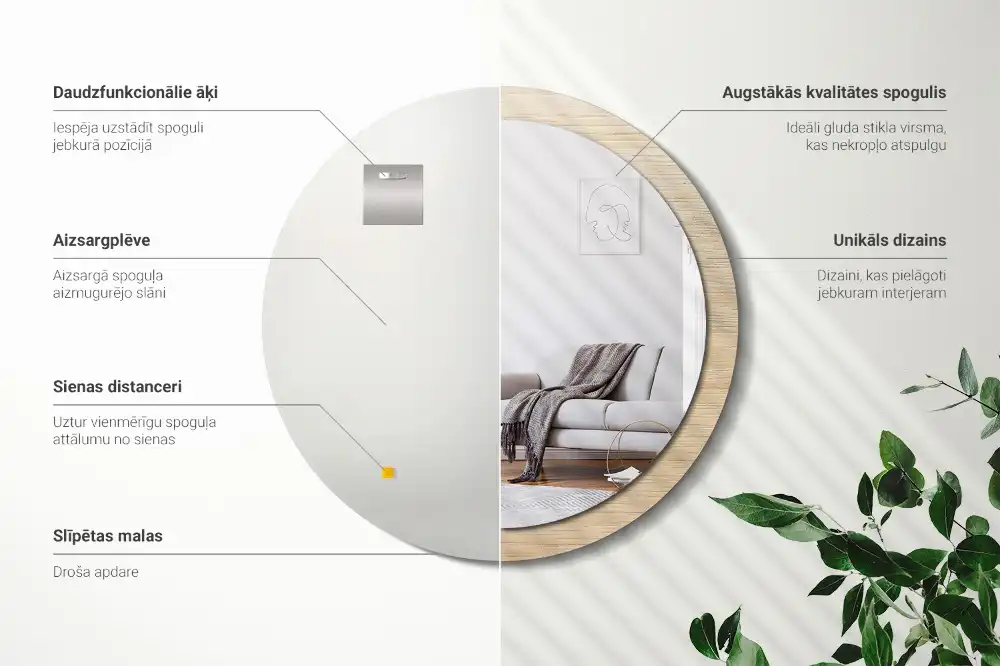 Spiegel mit bedrucktem Rahmen rund Helles Holz