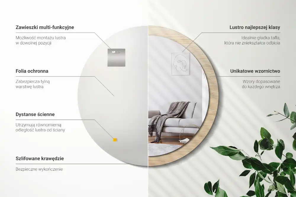 Spiegel mit bedrucktem Rahmen rund Helles Holz