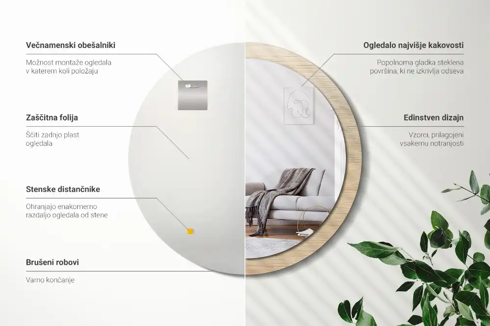 Spiegel mit bedrucktem Rahmen rund Helles Holz