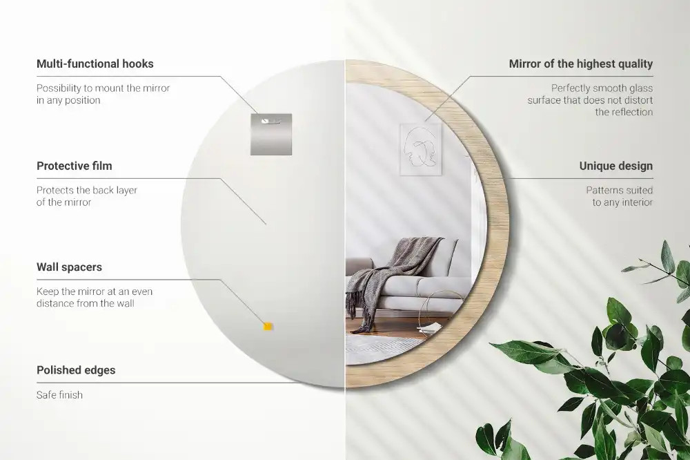 Spiegel mit bedrucktem Rahmen rund Helles Holz