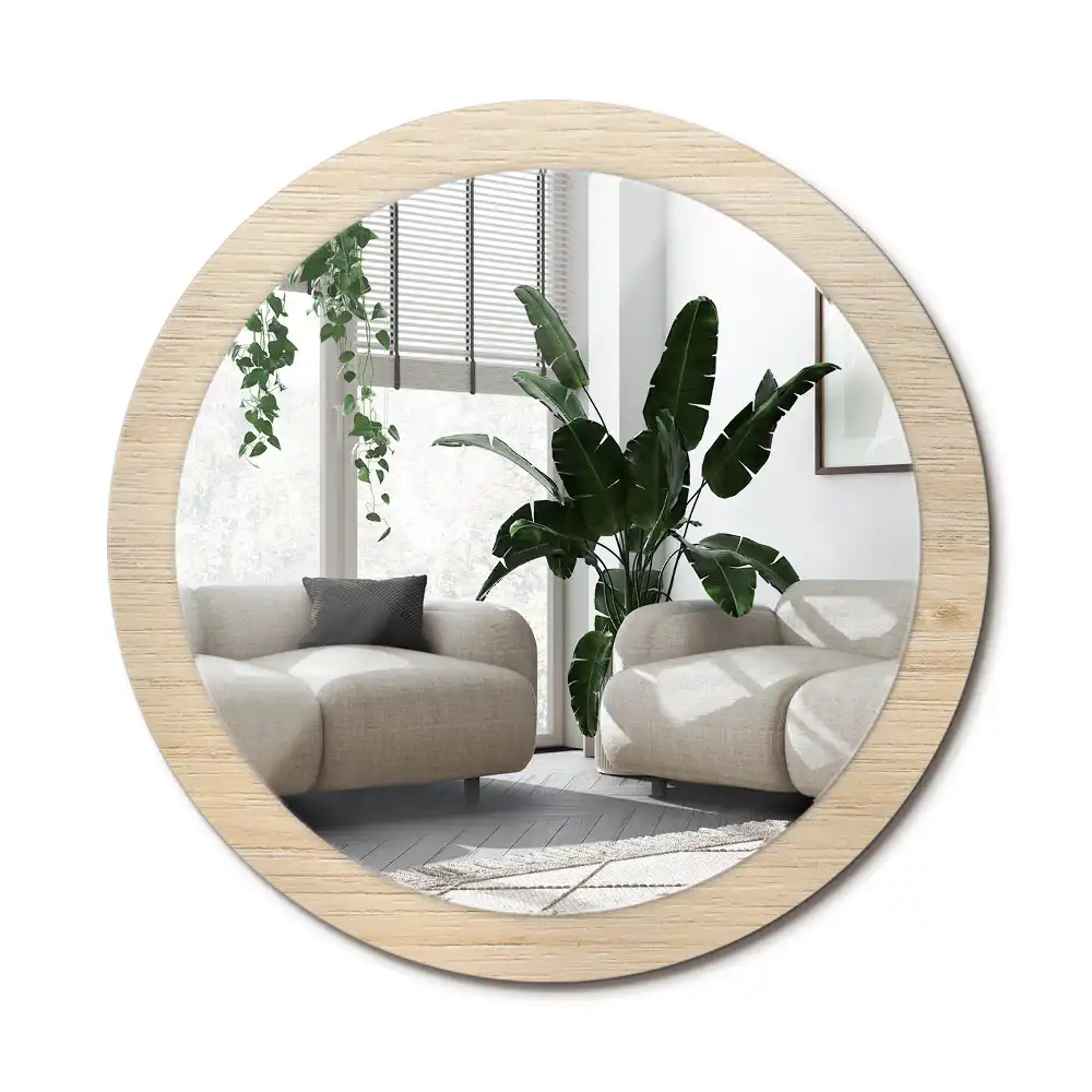 Spiegel mit bedrucktem Rahmen rund Helles Holz