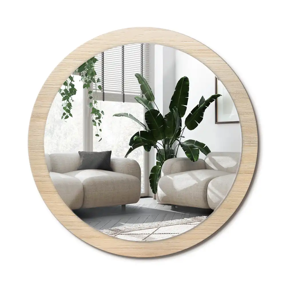 Spiegel mit bedrucktem Rahmen rund Helles Holz