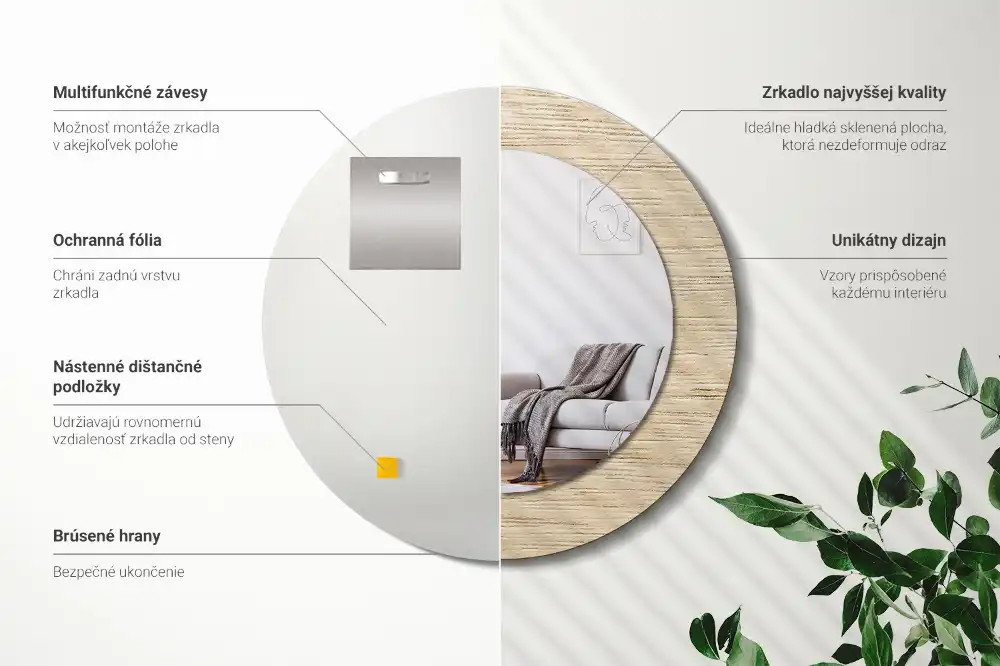 Spiegel mit bedrucktem Rahmen rund Helles Holz