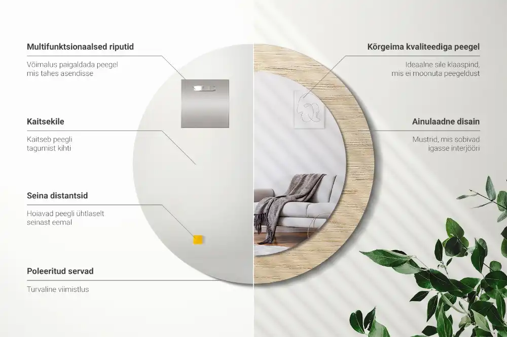 Spiegel mit bedrucktem Rahmen rund Helles Holz