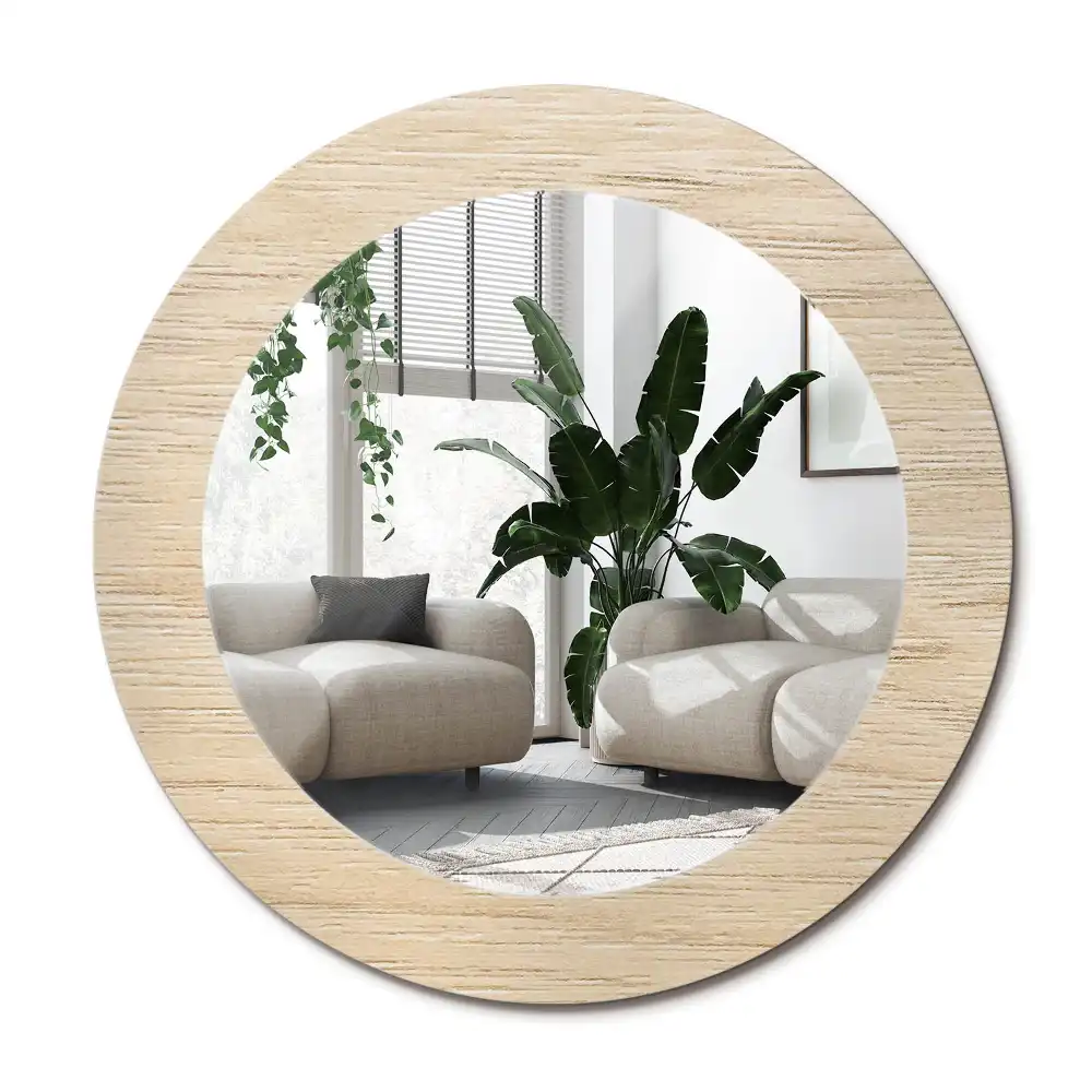 Spiegel mit bedrucktem Rahmen rund Helles Holz