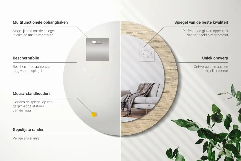 Spiegel mit bedrucktem Rahmen rund Helles Holz