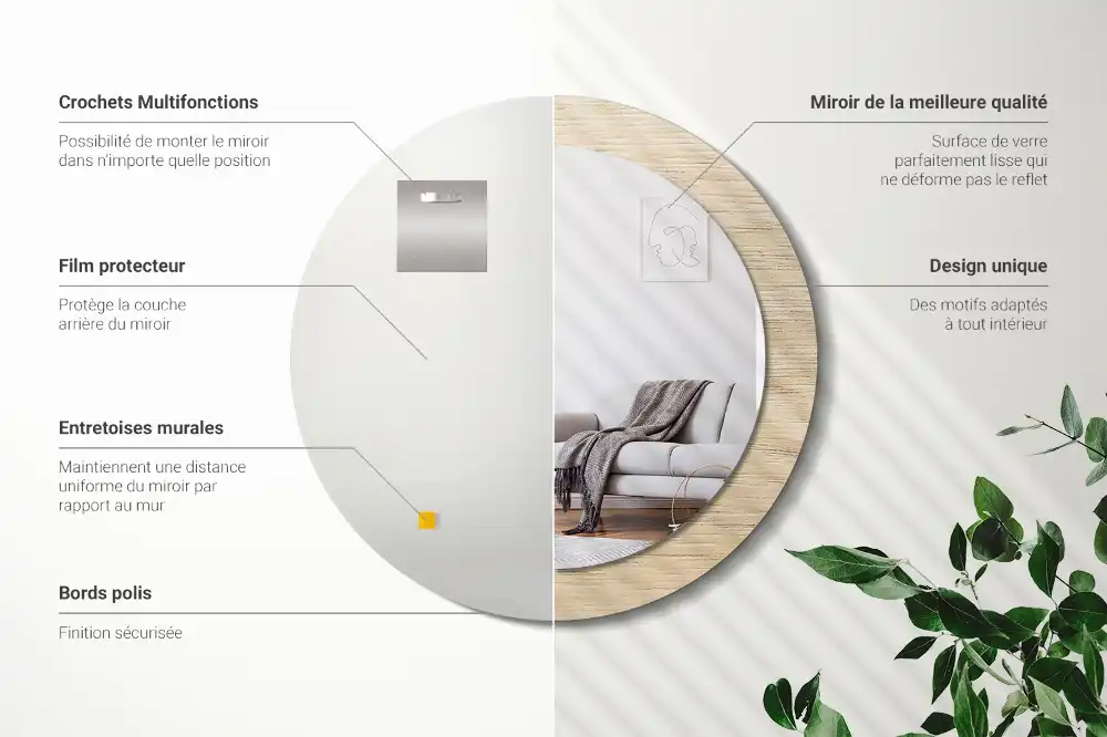 Spiegel mit bedrucktem Rahmen rund Helles Holz