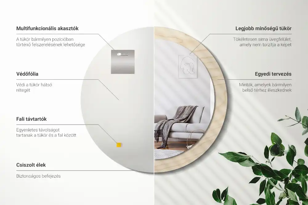 Spiegel mit bedrucktem Rahmen rund Helles Holz