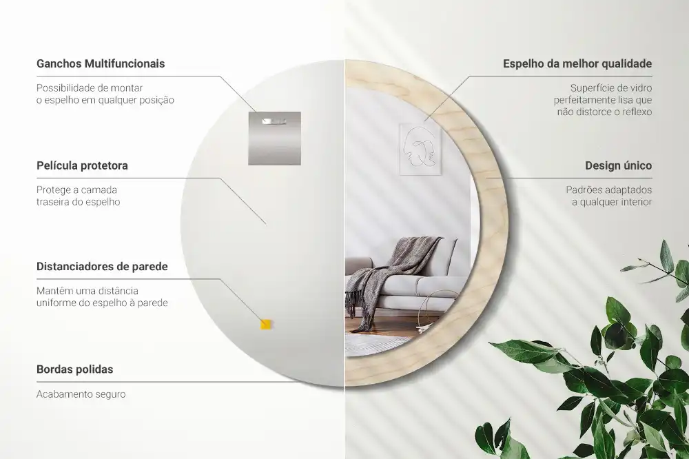 Spiegel mit bedrucktem Rahmen rund Helles Holz