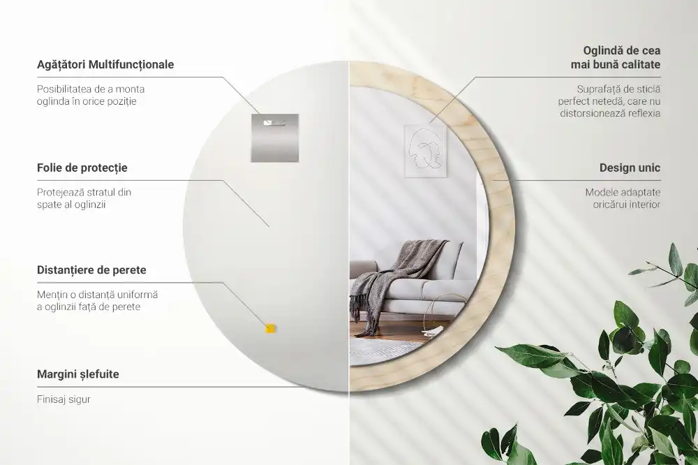 Spiegel mit bedrucktem Rahmen rund Helles Holz