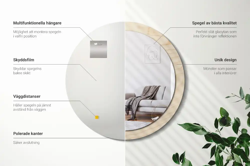 Spiegel mit bedrucktem Rahmen rund Helles Holz