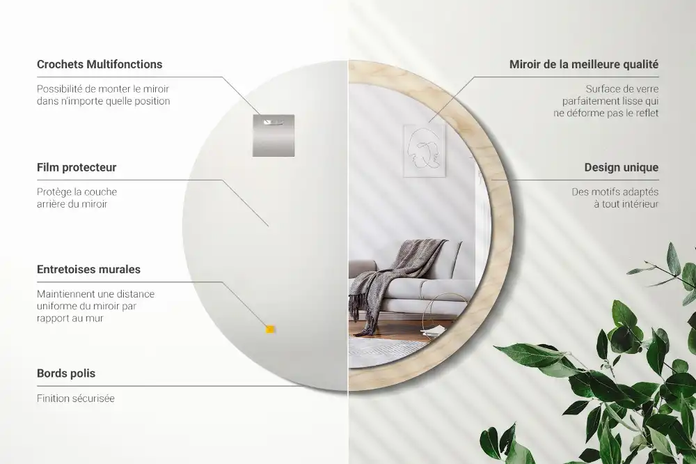 Spiegel mit bedrucktem Rahmen rund Helles Holz