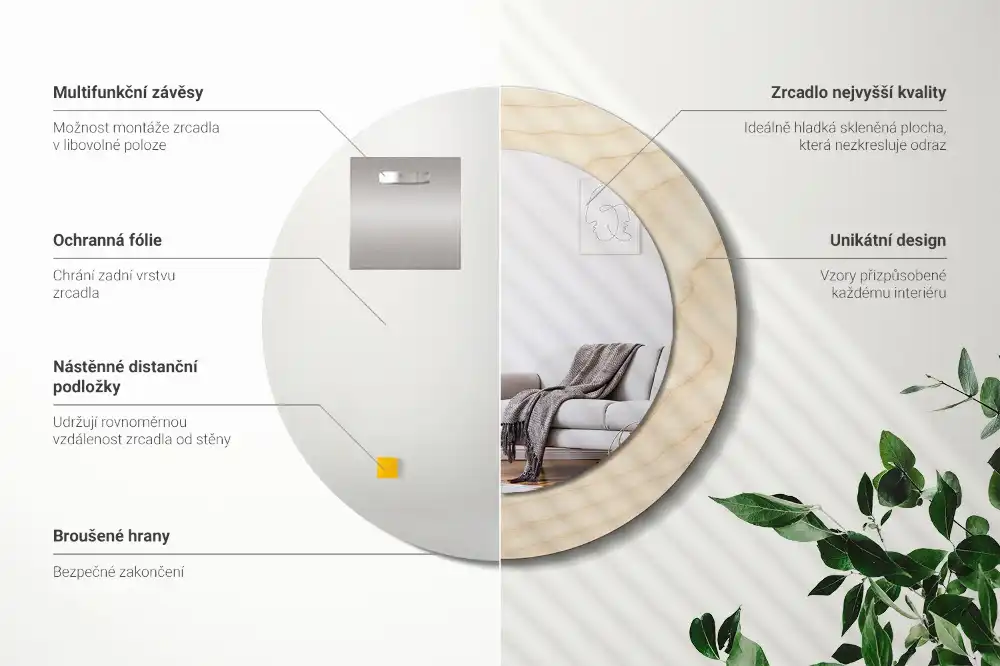 Spiegel mit bedrucktem Rahmen rund Helles Holz