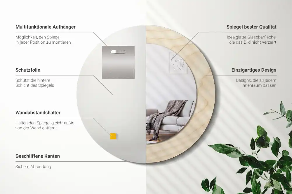 Spiegel mit bedrucktem Rahmen rund Helles Holz