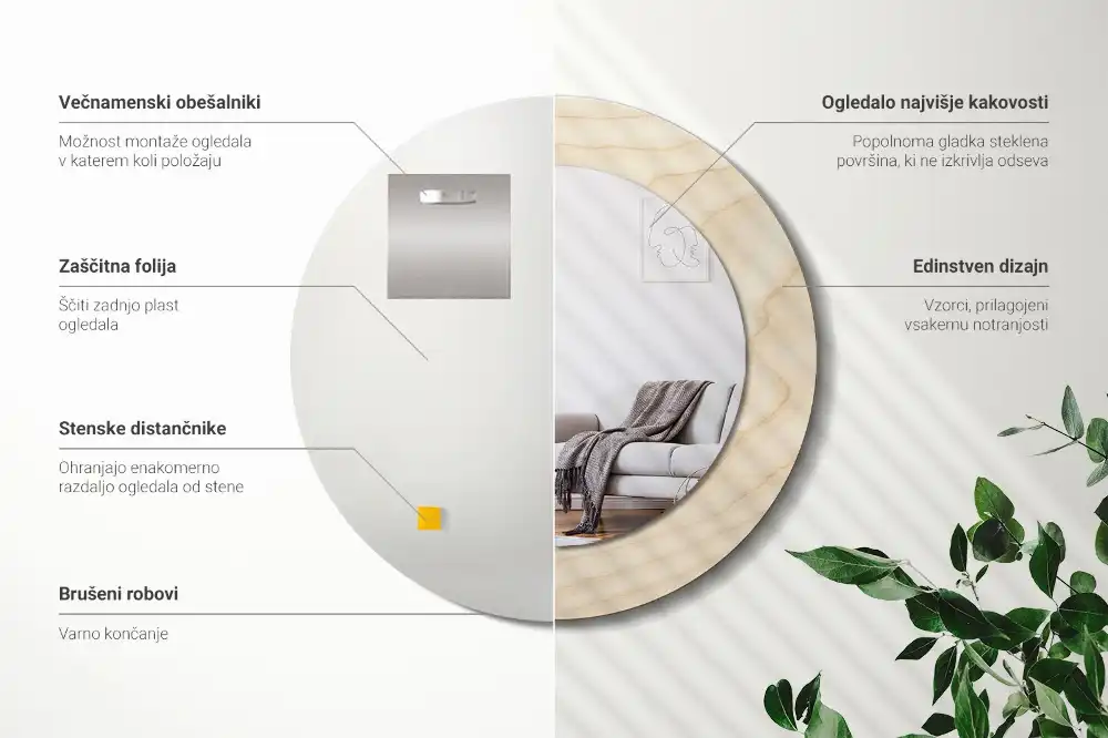 Spiegel mit bedrucktem Rahmen rund Helles Holz