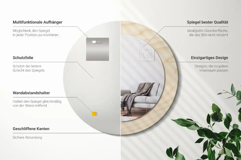 Spiegel mit bedrucktem Rahmen rund Helles Holz