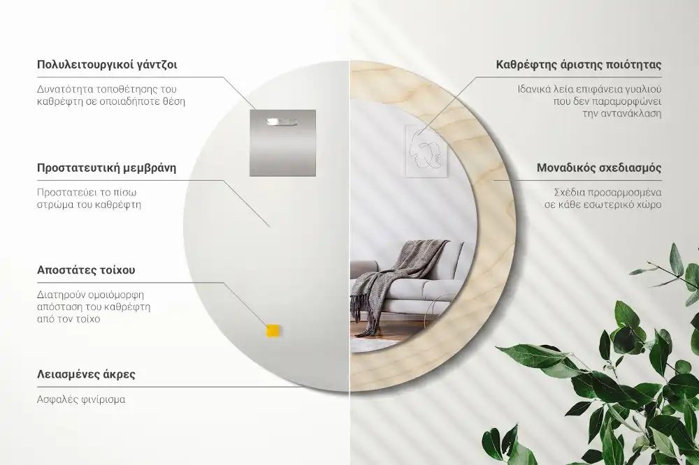 Spiegel mit bedrucktem Rahmen rund Helles Holz