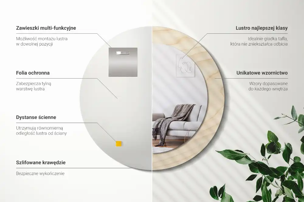 Spiegel mit bedrucktem Rahmen rund Helles Holz