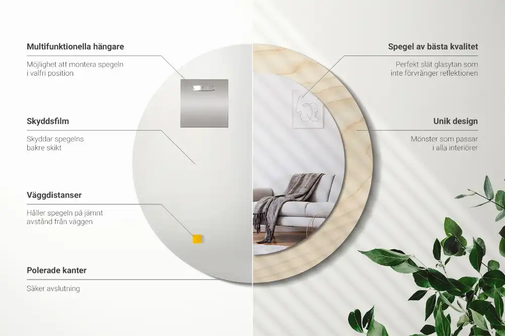 Spiegel mit bedrucktem Rahmen rund Helles Holz