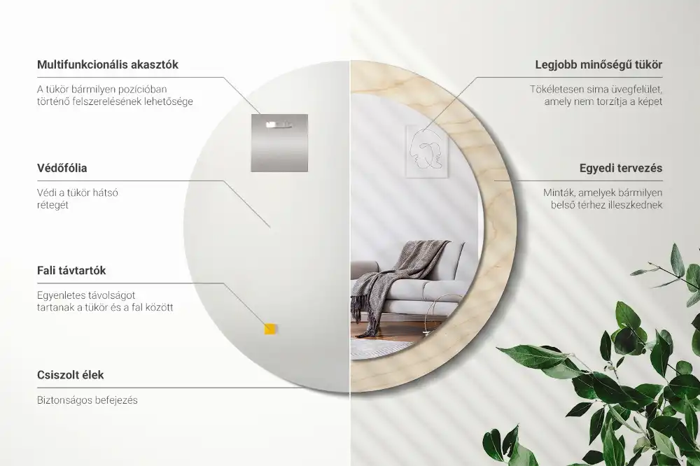 Spiegel mit bedrucktem Rahmen rund Helles Holz