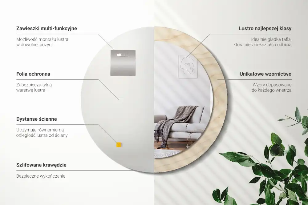 Spiegel mit bedrucktem Rahmen rund Helles Holz