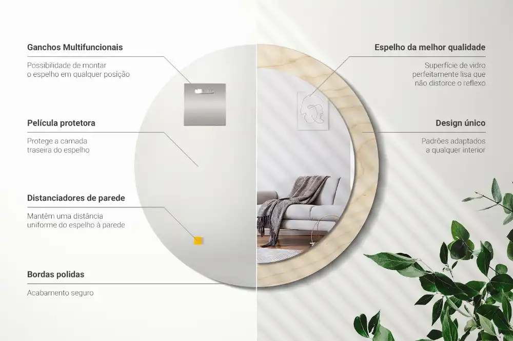 Spiegel mit bedrucktem Rahmen rund Helles Holz