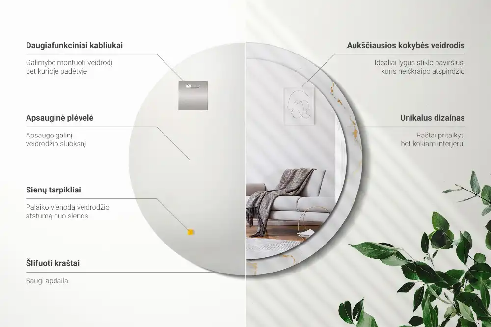 Spiegel mit bedrucktem Rahmen rund Weißes Marmorchen