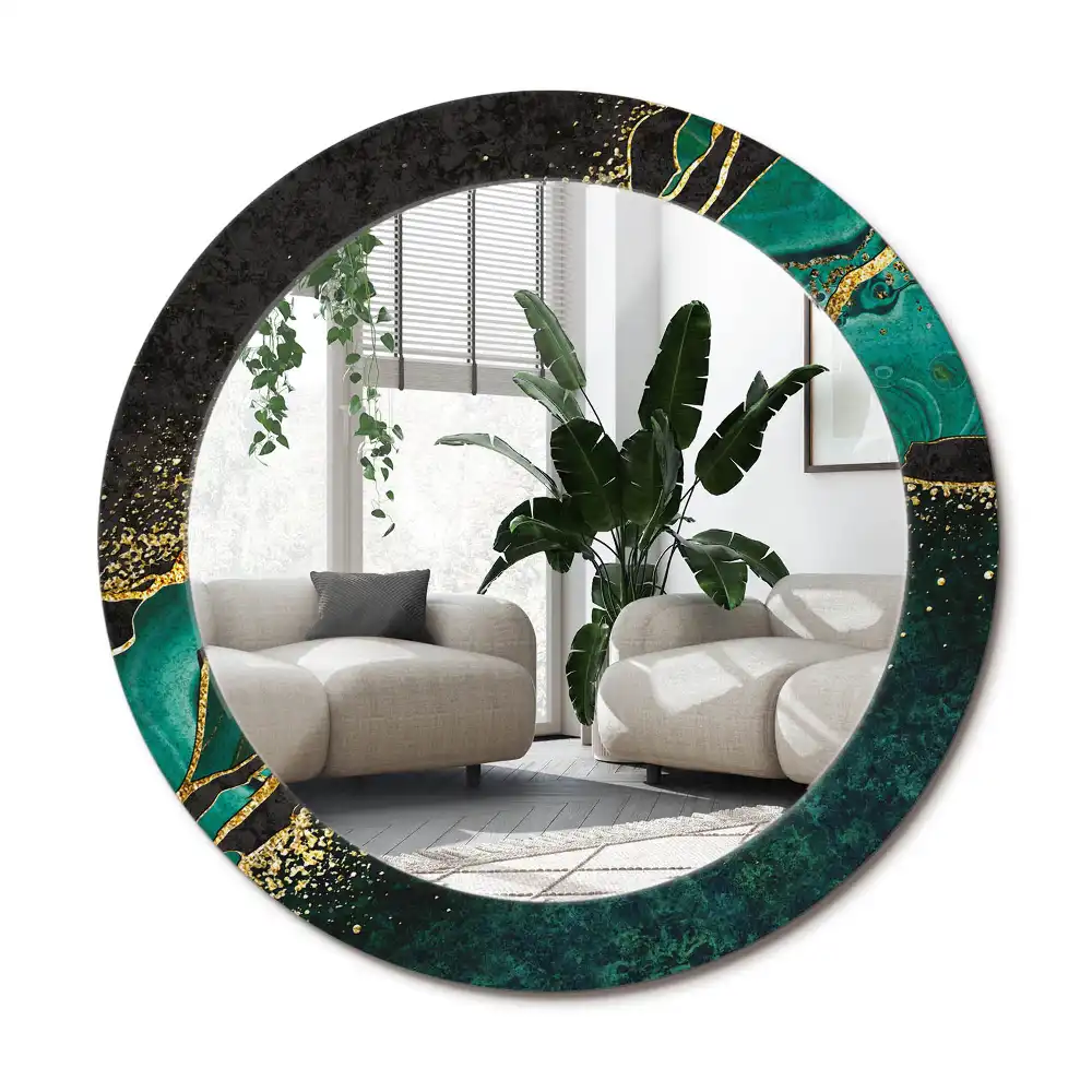 Spiegel mit bedrucktem Rahmen rund Marmorgrün