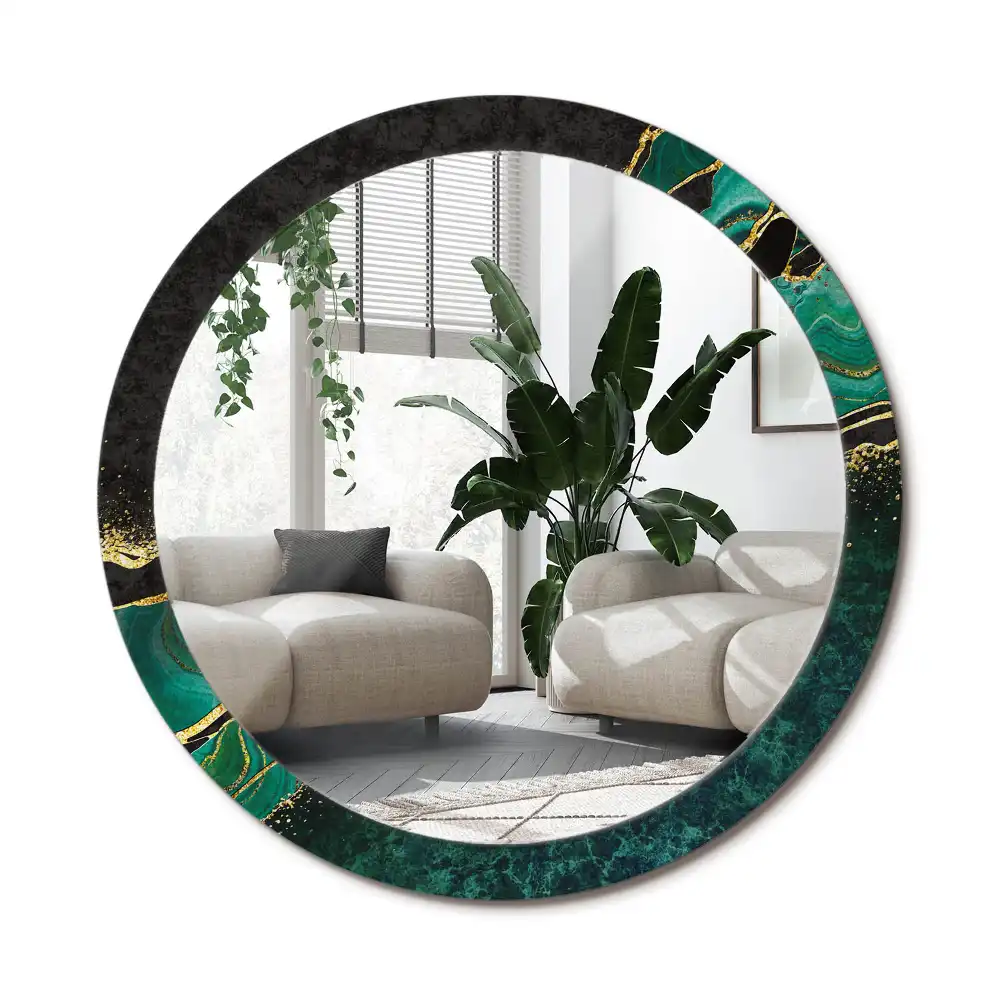 Spiegel mit bedrucktem Rahmen rund Marmorgrün