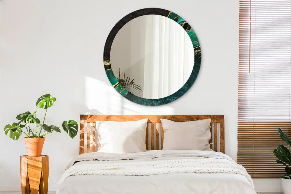 Spiegel mit bedrucktem Rahmen rund Marmorgrün