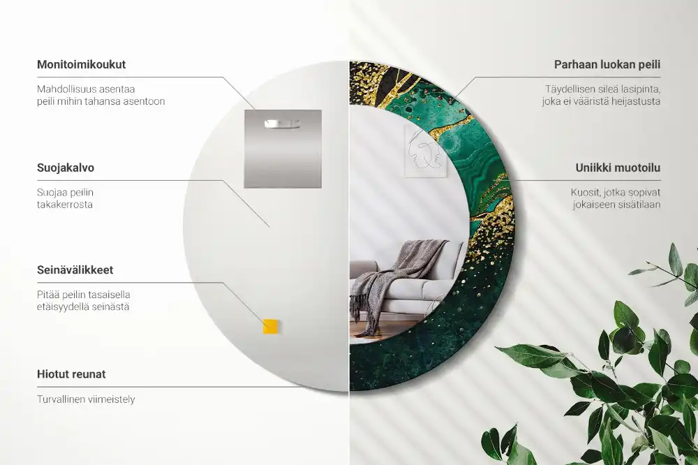 Spiegel mit bedrucktem Rahmen rund Marmorgrün