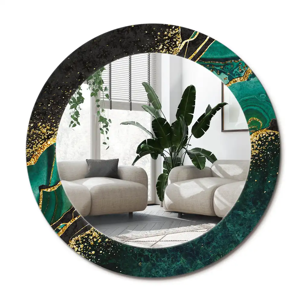 Spiegel mit bedrucktem Rahmen rund Marmorgrün