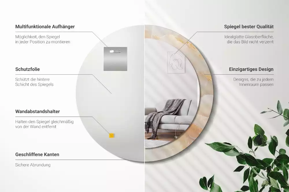 Spiegel mit bedrucktem Rahmen rund Onyx-Marmor