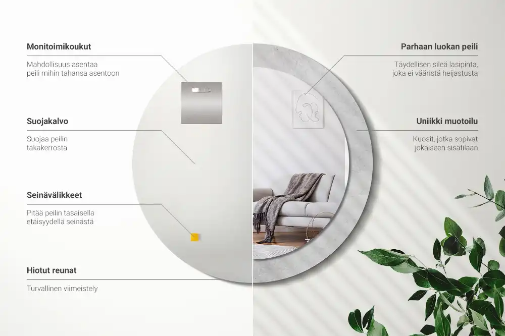 Spiegel mit bedrucktem Rahmen rund Betonstruktur