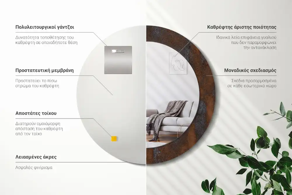 Spiegel mit bedrucktem Rahmen rund Metallic-rustikal