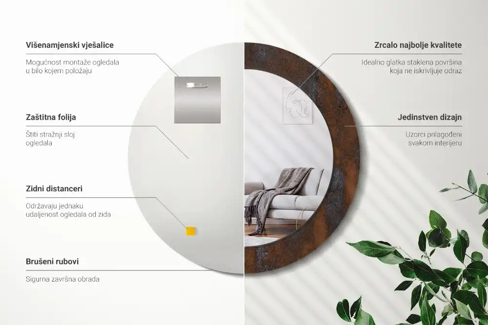 Spiegel mit bedrucktem Rahmen rund Metallic-rustikal