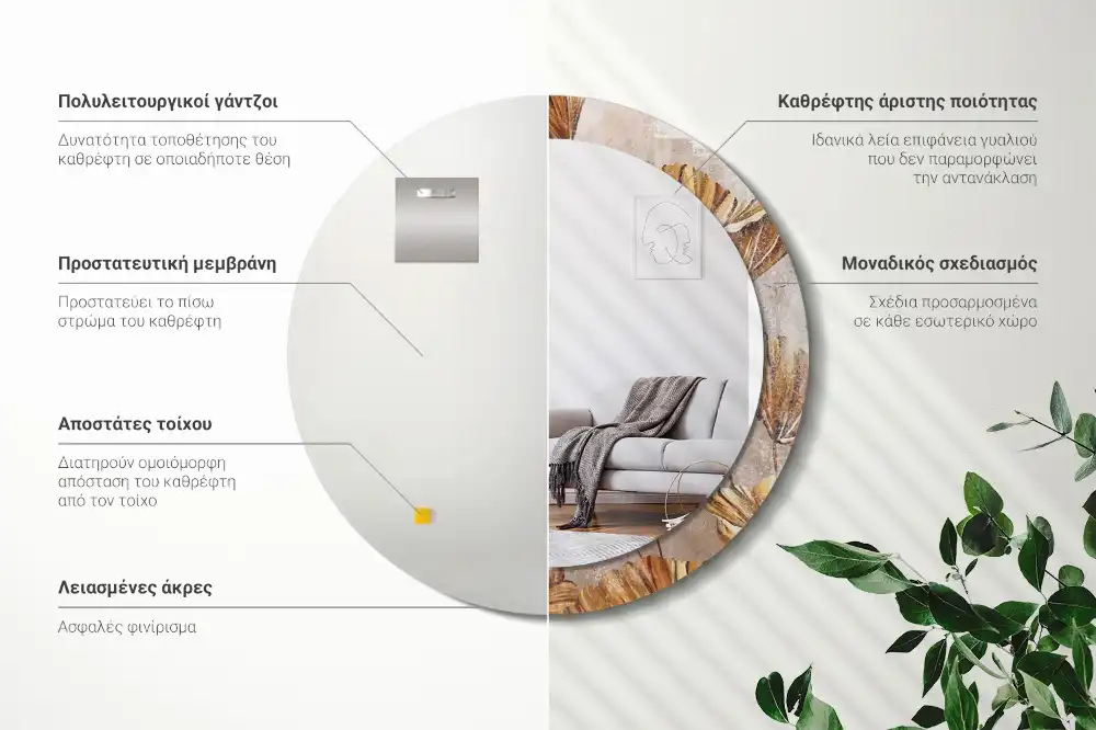 Spiegel mit bedrucktem Rahmen rund Boho-Blätter