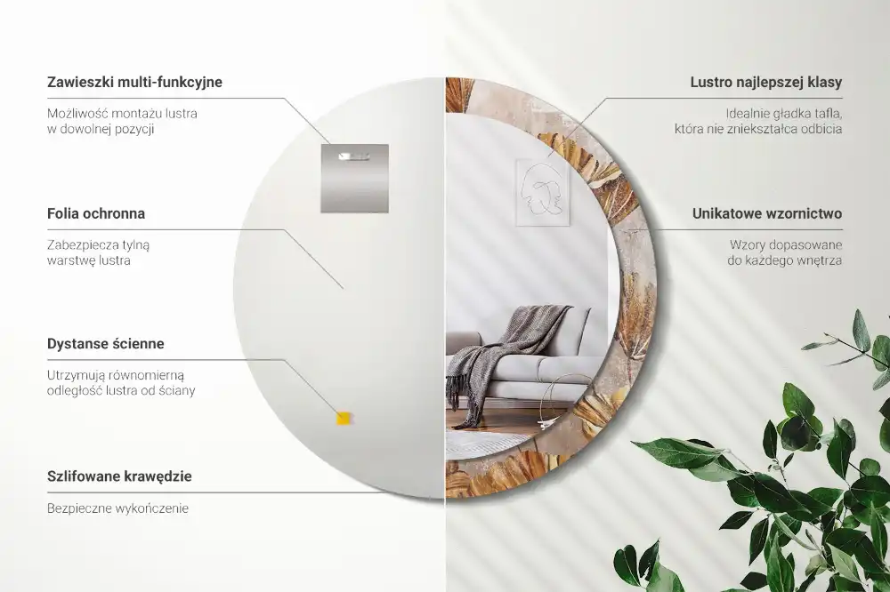 Spiegel mit bedrucktem Rahmen rund Boho-Blätter