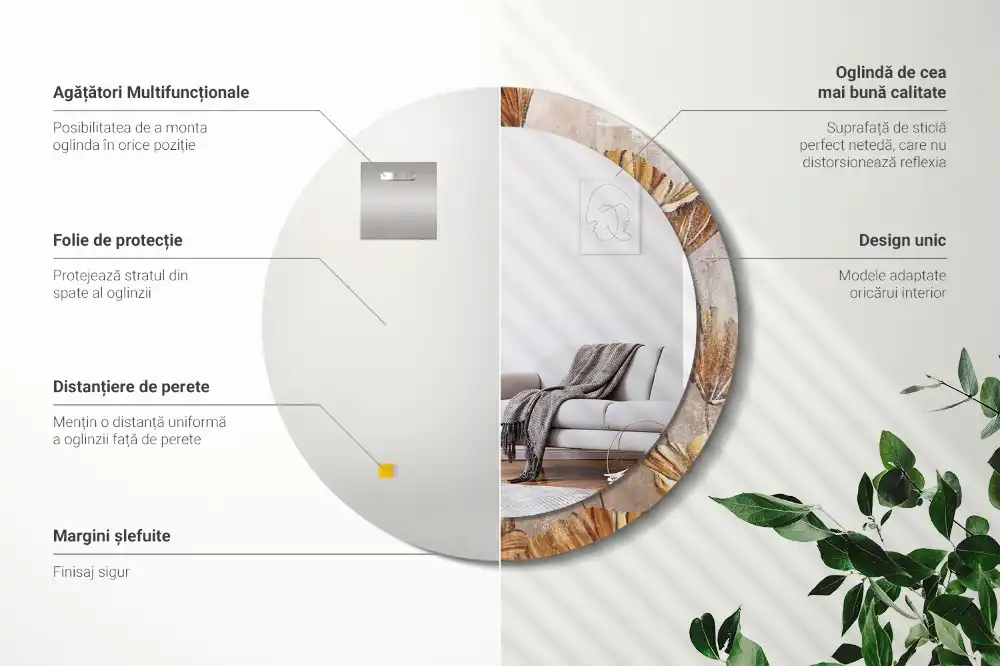 Spiegel mit bedrucktem Rahmen rund Boho-Blätter