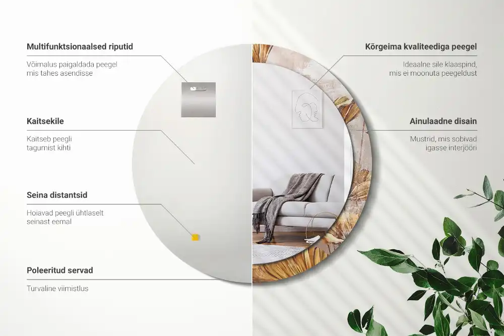 Spiegel mit bedrucktem Rahmen rund Boho-Blätter