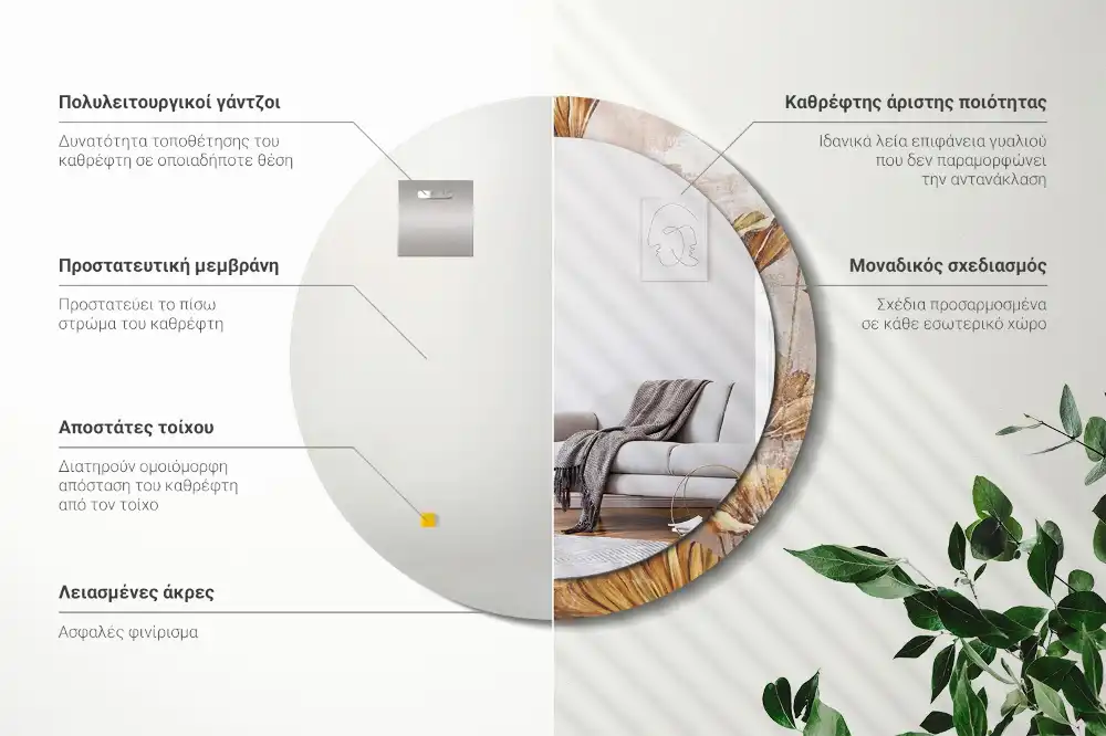 Spiegel mit bedrucktem Rahmen rund Boho-Blätter