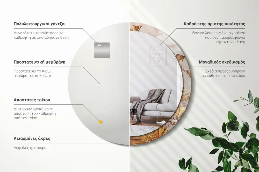 Spiegel mit bedrucktem Rahmen rund Boho-Blätter