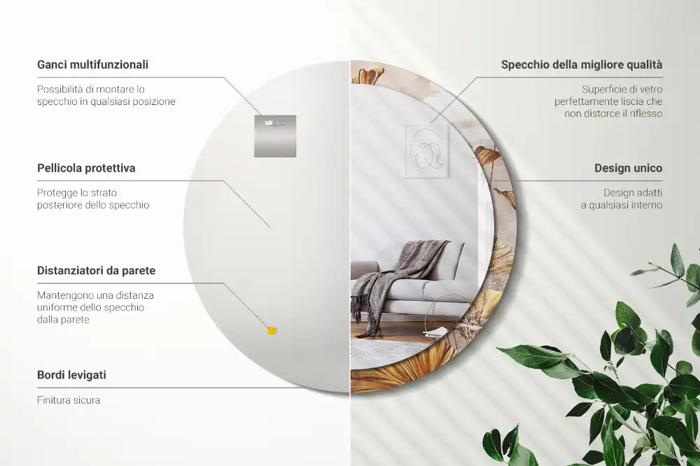 Spiegel mit bedrucktem Rahmen rund Boho-Blätter